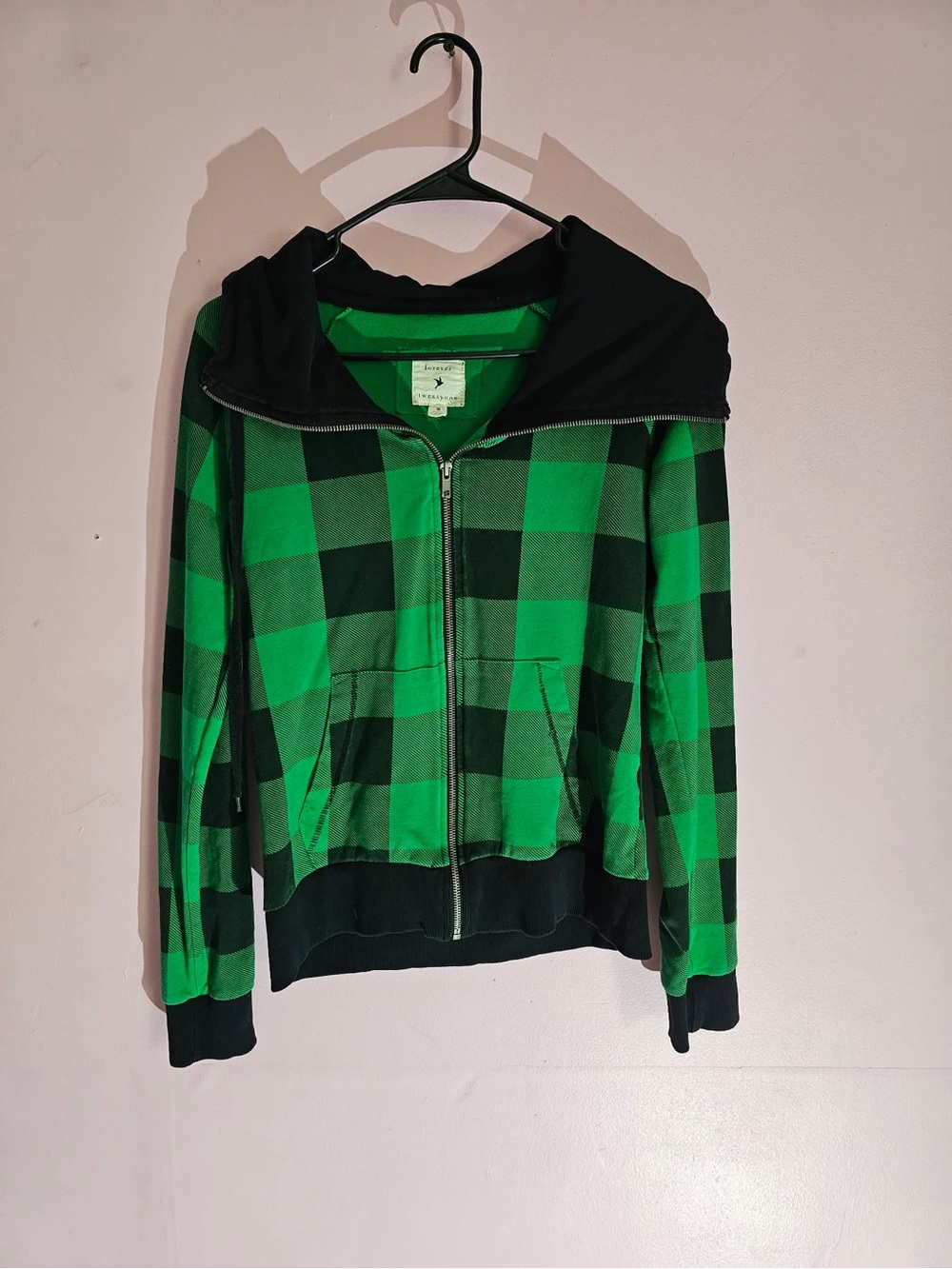 Forever 21 Black and Green Hooded Zip-Up Jacket